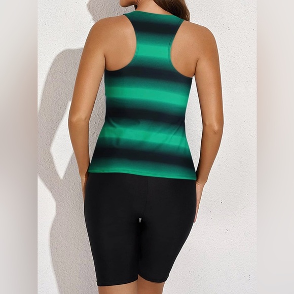 Green Black Striped Color Block Print Tankini Swimsuit with Swim Capris - Picture 2 of 6